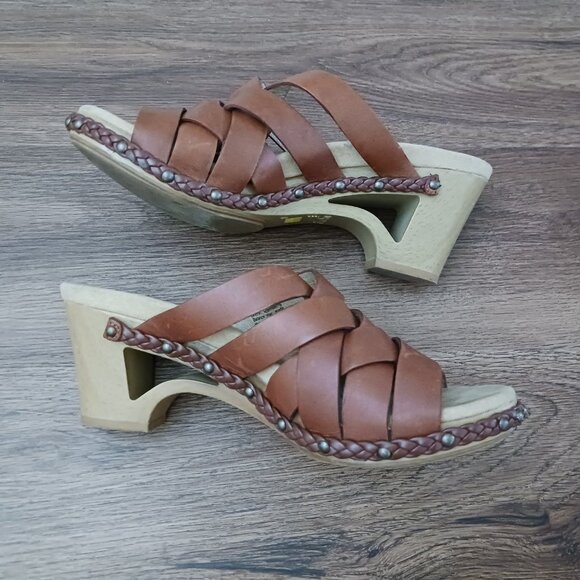 Dansko Tory Wooden Heel Strappy Clogs Brown Leather Comfort Womens 38/7.5-8 - Picture 1 of 8
